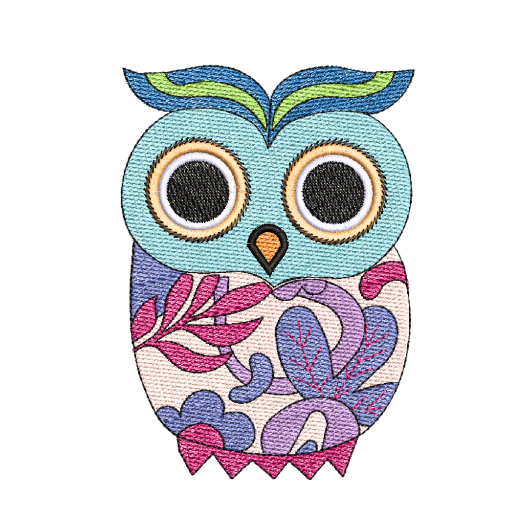 This is a machine embroidery design (pattern) by Stitches & Strokes featuring a colorful owl with abstract flower art in pink and purple. This Abstract Owl Machine Embroidery is perfect for embroidery on Aprons, and accessories like Tote Bags.