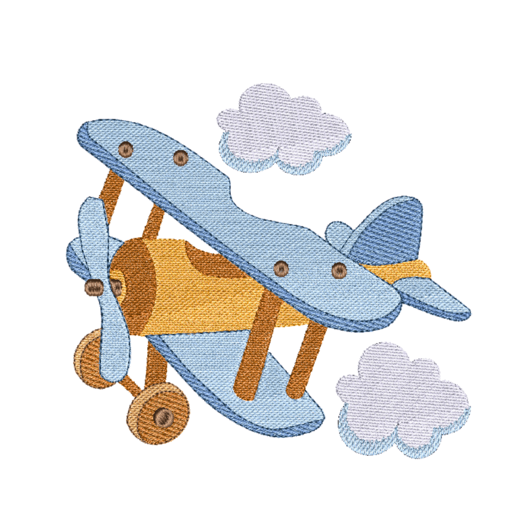 This is a beautiful blue and brown airpane in flight surrounded by clouds machine embroidery design for baby boys. This design is ideal for baby shower gifts.