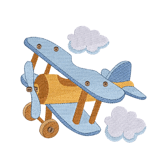 This is a beautiful blue and brown airpane in flight surrounded by clouds machine embroidery design for baby boys.  This design is ideal for baby shower gifts.