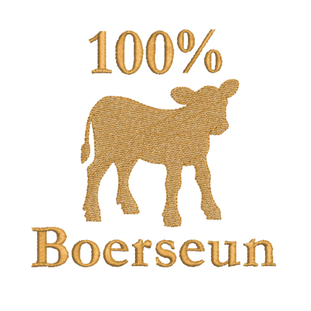 This is an image of a machine embroidery design featuring a baby cow with a 100% Boerseun Afrikaans quote. This 100% Boerseun machine embroidery design is perfect for embroidery on t-shirts for boys and men.