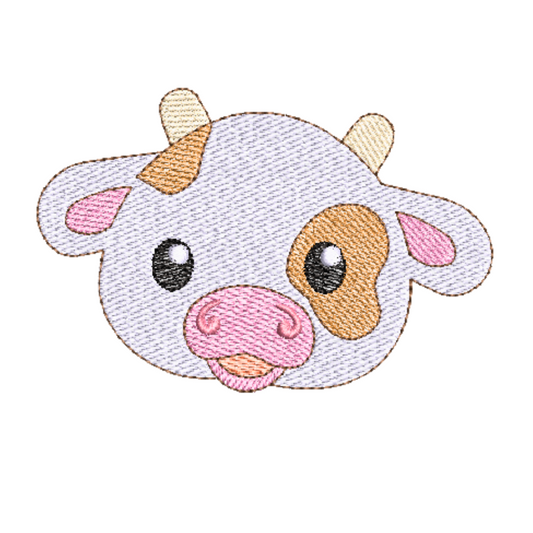 This is an image of a machine embroidery design by Stitches & Strokes, featuring an adorable baby cow face. This Baby Cow Face Machine Embroidery Design is perfect for embroidery on baby items like onesies, blankets, burp cloths, and more.