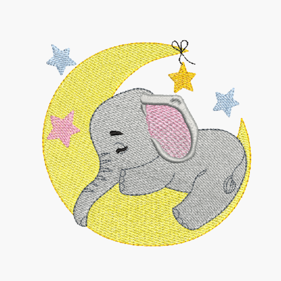 This is a machine embroidery design by Stitches & Strokes, featuring an adorable baby elephant, peacefully sleeping on a crescent moon, surrounded by stars in pastel pink, yellow, and blue. This baby elephant machine embroidery pattern is perfect for embroidery on baby blankets, burp cloths, and baby room décor.