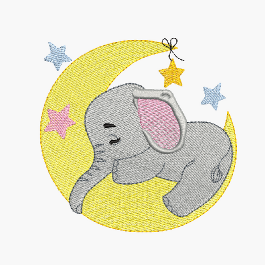 This is a machine embroidery design by Stitches & Strokes, featuring an adorable baby elephant, peacefully sleeping on a crescent moon, surrounded by stars in pastel pink, yellow, and blue. This baby elephant machine embroidery pattern is perfect for embroidery on baby blankets, burp cloths, and baby room décor.