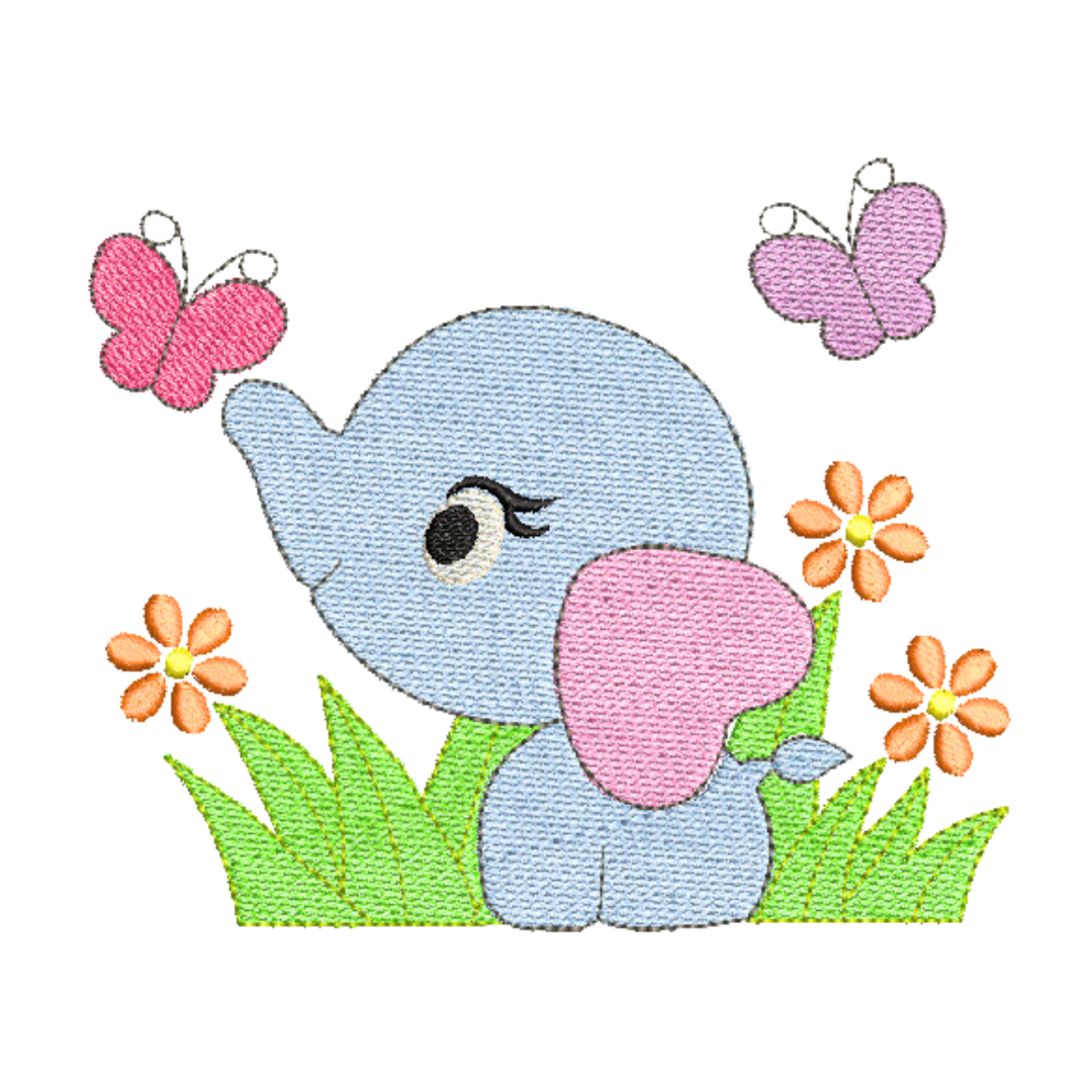 This is an image of a baby elephant with flowers and butterfly machine embroidery design. The light blue elephant has a pink heart shaped ear and is surrounded by grass with flowers and a pink and purple butterfly.