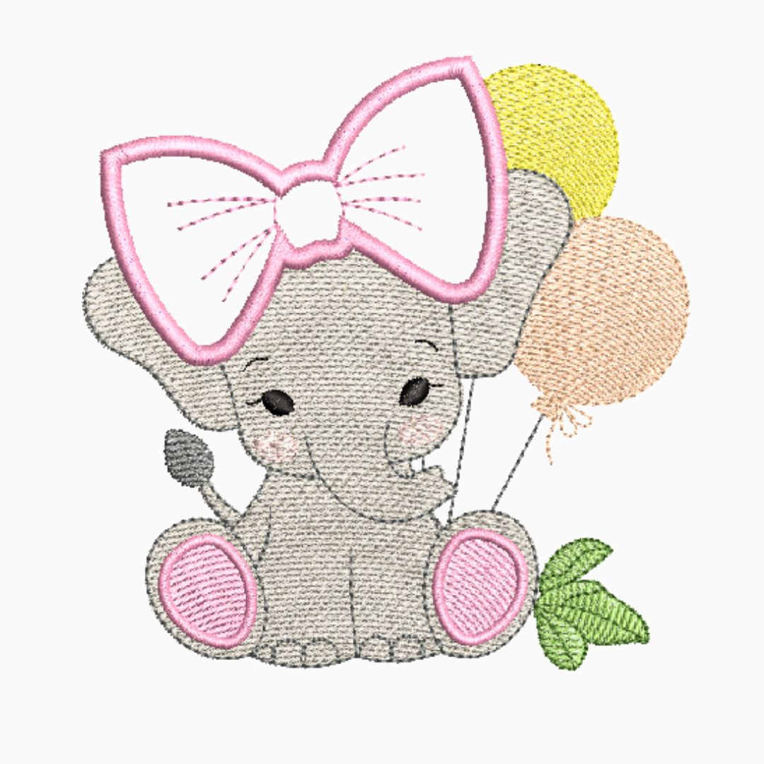 This is an image of a machine embroidery design by Stitches & Strokes, featuring an adorable grey elephant with balloons and a big Applique Bow on its head. This elephant machine embroidery design is perfect for embroidery on gifts for baby showers and baby birthdays.