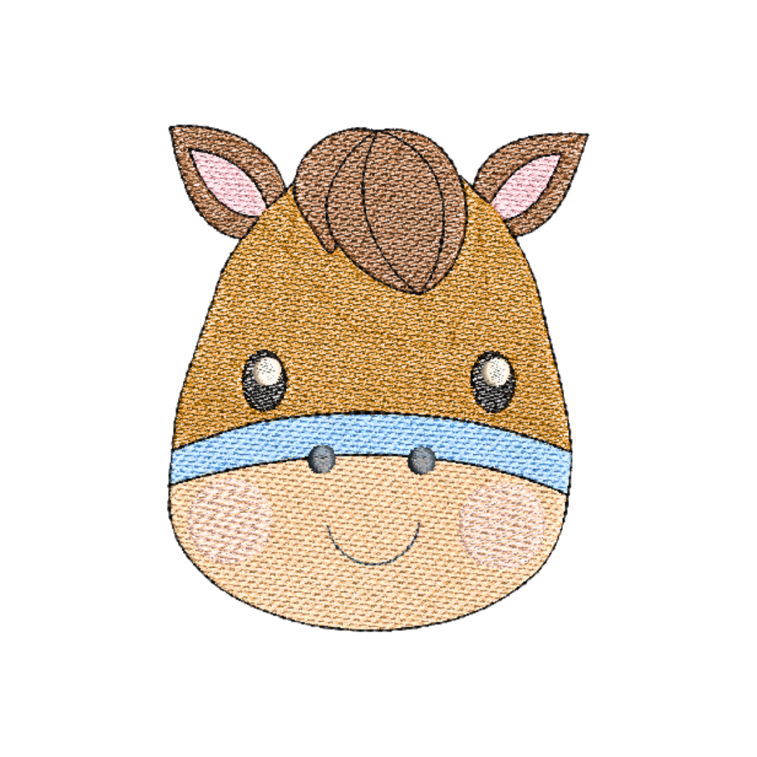 This is an image of a machine embroidery design by Stitches & Strokes, featuring a baby horse face. This adorable little horse face machine embroidery pattern is perfect for embroidery on baby onesies, bibs, burp cloths, and more.