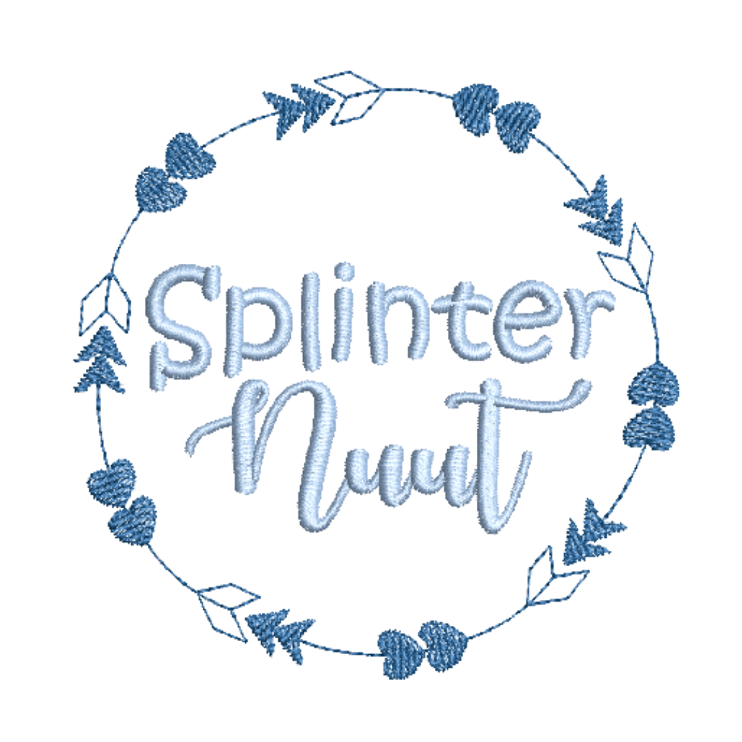 This is an image of a machine embroidery design by Stitches & Strokes, featuring an arrow and hearts wreath with a baby quote "Splinter Nuut" for embroidery on onesies and gifts for newborn babies.