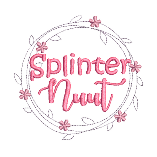 This is an image of a machine embroidery design by Stitches & Strokes, featuring a flower wreath with an Afrikaans saying "Splinter Nuut" for newborn baby onesies and gifts.
