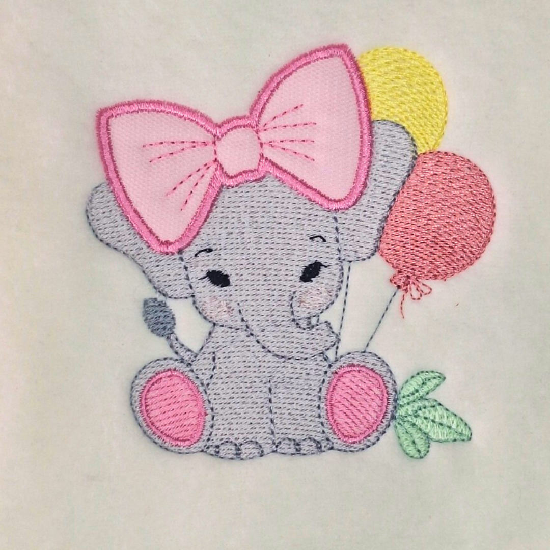 Baby Elephant with Balloons and Applique Bow Machine Embroidery Design