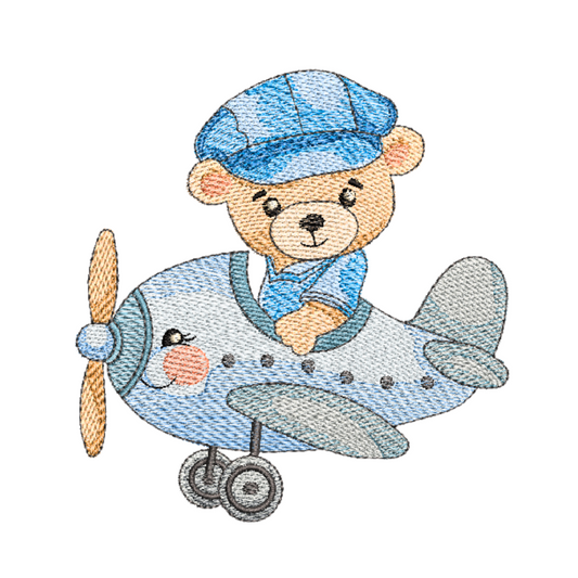 This is an image of a machine embroidery design by Stitches & Strokes, featuing a baby bear in an airplane. This baby bear machine embroidery pattern is perfect for baby shower gifts like baby burp cloths, and baby travel- and nappy bags for baby boys.