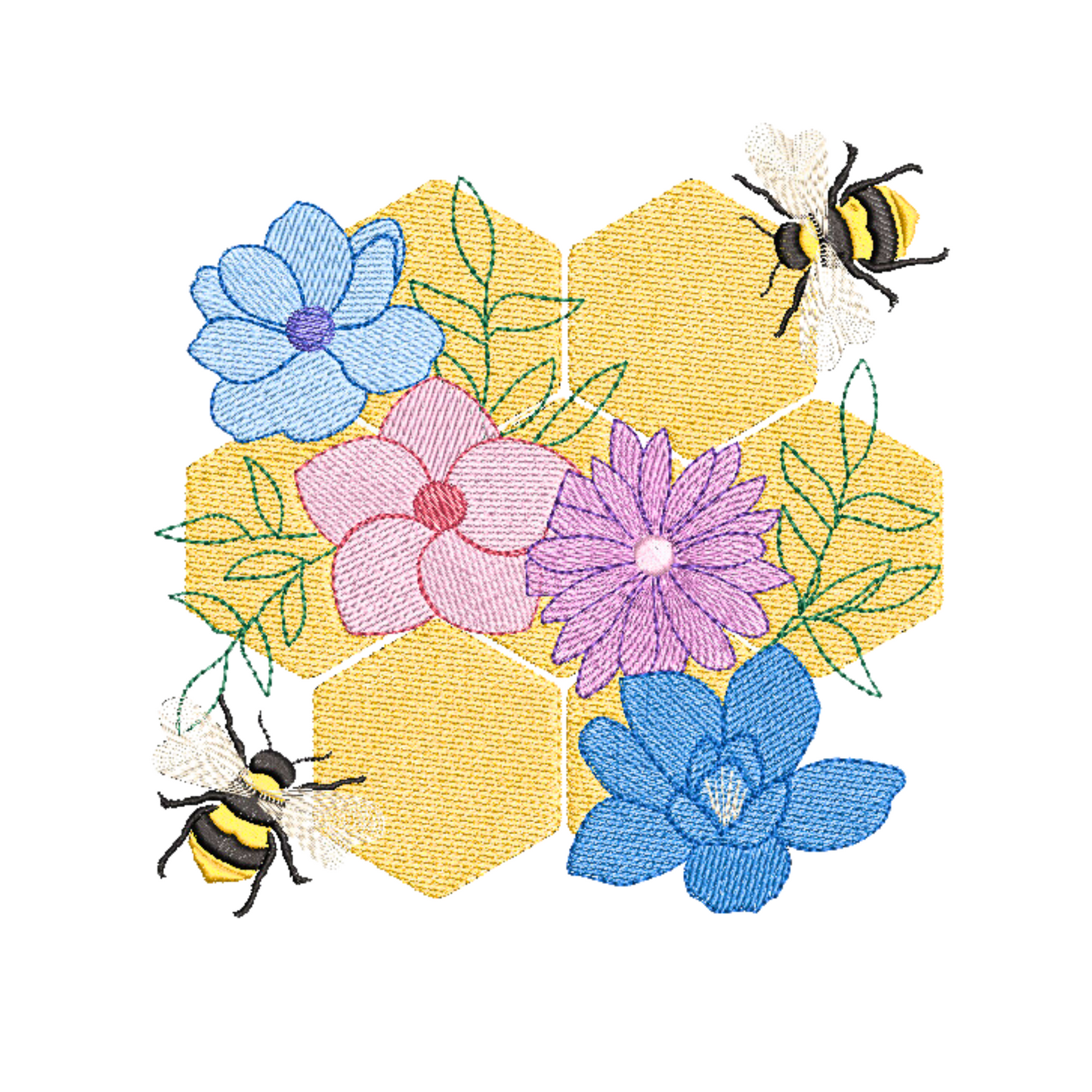 This is an image of a machine embroidery design featuring a honeycomb and two honeybees with beautiful flowers. This honeycomb and bee machine embroidery design is perfect for aprons, tablecloths, and home décor like cushions.