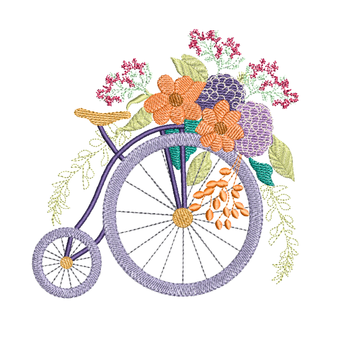 This is an image of a machine embroidery design featuring a vintage bicycle in purple shades and a bouquet of beautiful purple, peach, and pink flowers and green leaves