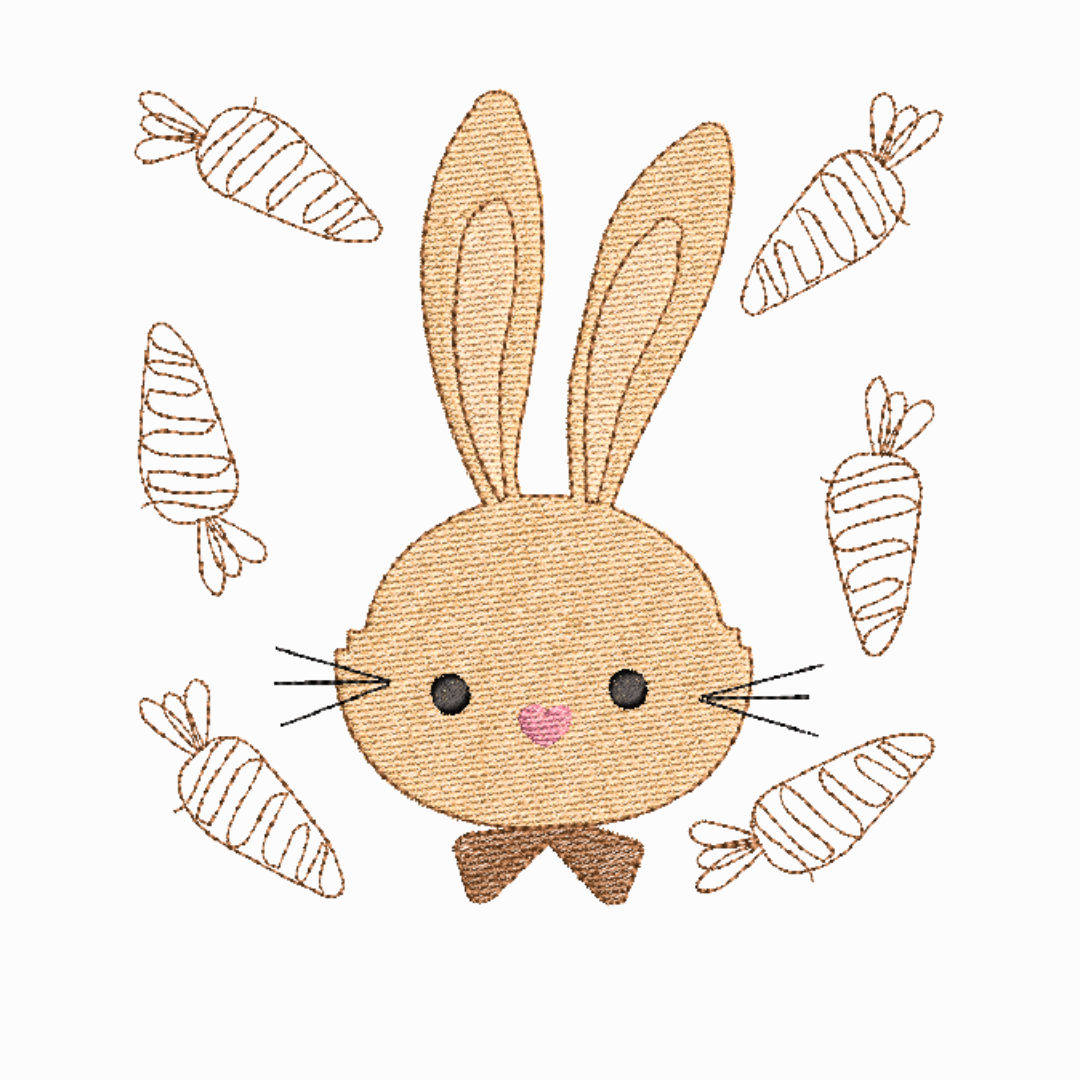 This is an image of a machine embroidery design featuring a cute brown bunny with a heart shaped nose, long ears, and a bow tie. This bunny machine embroidery design is further adorned with cute carrots in an outline stitch. This bunny machine embroidery design from Stitches and Strokes is ideal for embroidery on items for babies like blankets, bibs, and burp cloths, as well as Easter decorations and Easter egg hunt bags.
