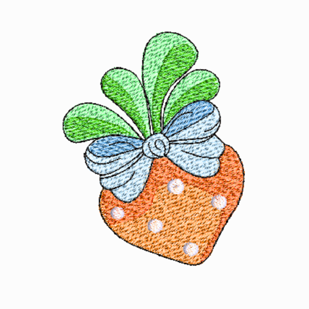 This is an image of an Easter inspired machine embroidery design by Stitches & Strokes, featuring an adorable carrot with a bow. Adorn your Easter crafts like placemats, tote bags, and more, using this carrot machine embroidery pattern.
