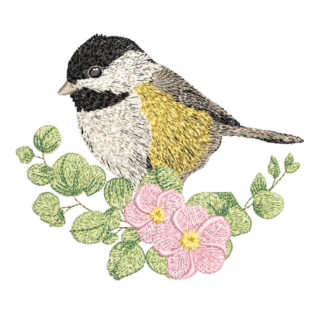 This is an image of a machine embroidery design by Stitches & Strokes, featuring a cute little Chickadee Bird on a branch with leaves and pink flowers. The Chickadee Bird Embroidery Pattern has intricate feather detail and will add exquisite detail to any item it is embroidered on.