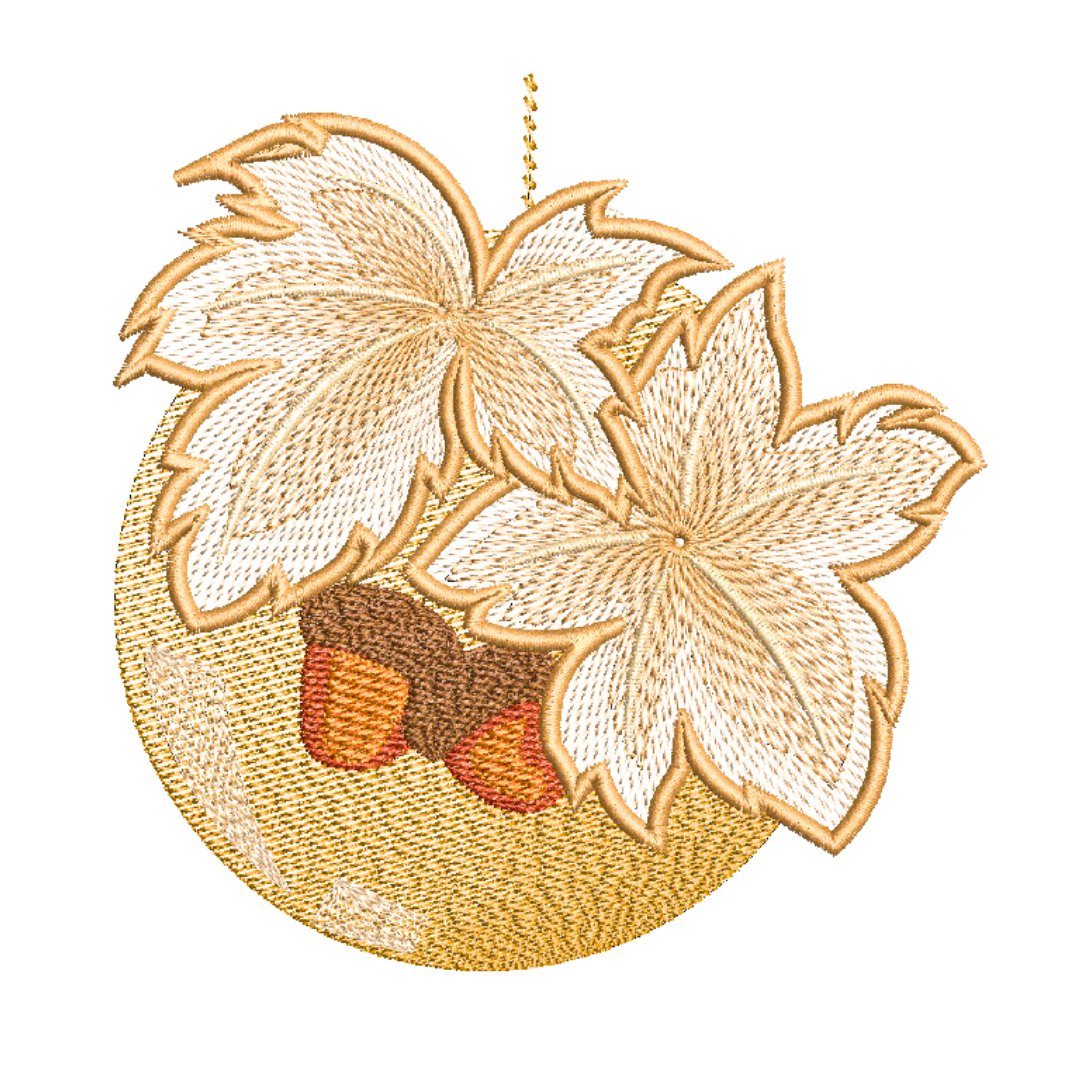 This is an image of a machine embroidery design by Stitches & Strokes, featuring a golden Christmas Ornament adorned with Autumn Leaves in beautiful autumn browns. This Christmas Ornament machine embroidery pattern is perfect for adding some sophistication to your Christmas Décor and Gifts.