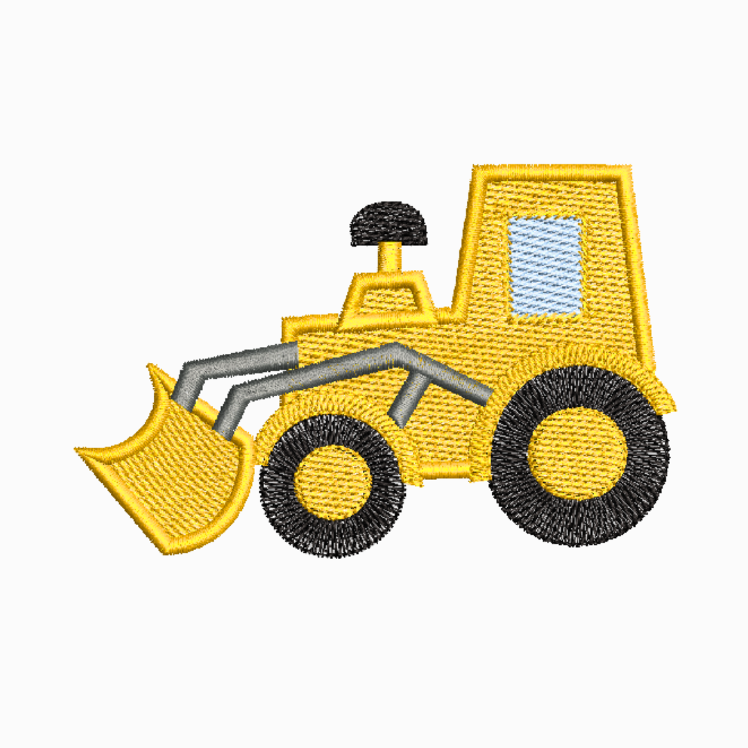This is an image of a machine embroidery design by Stitches & Strokes, featuring a Front Loader Construction Vehicle Machine Embroidery Design. This design is perfect for embroidery on onesies, t-shirts, and accessories like travel- and school bags.