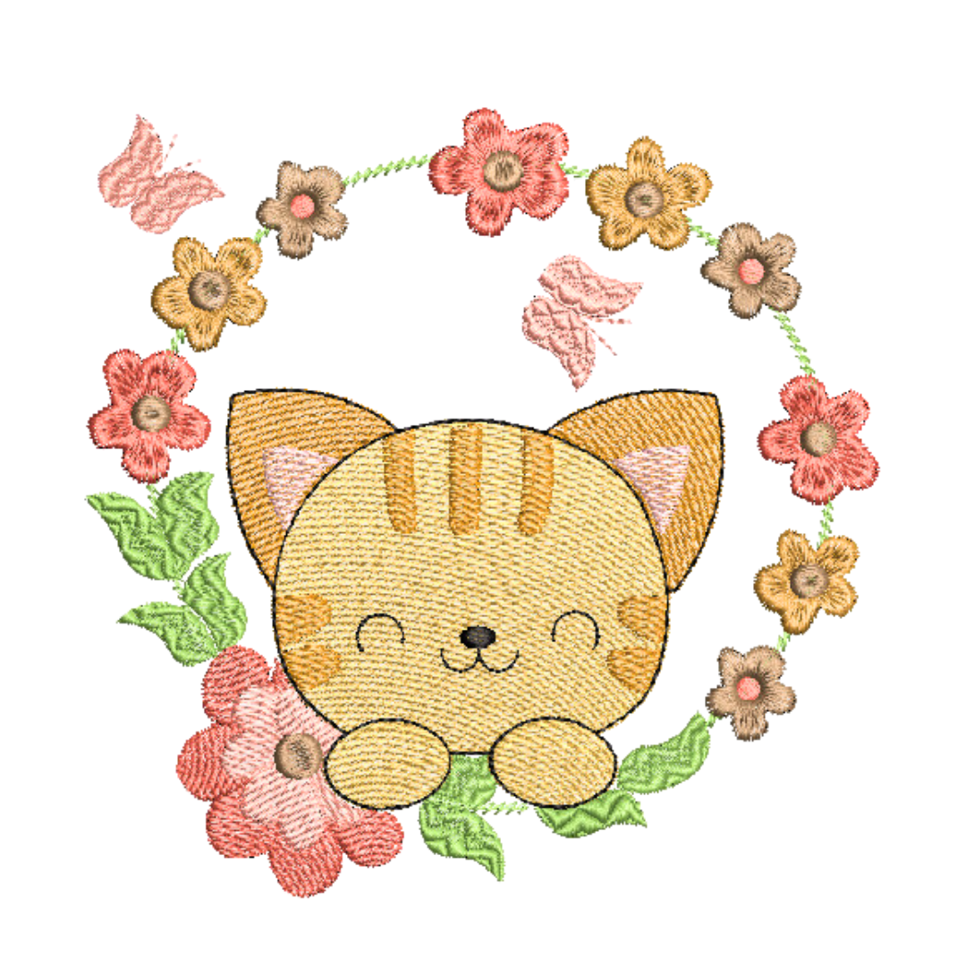 This is an image of a machine embroidery design featuring a cute ginger cat in a flower wreath. This adorable cat machine embroidery design with it's coral and brown colors is perfect for embroidery on baby and girl's t-shirts, onesies, bags, and accessories.