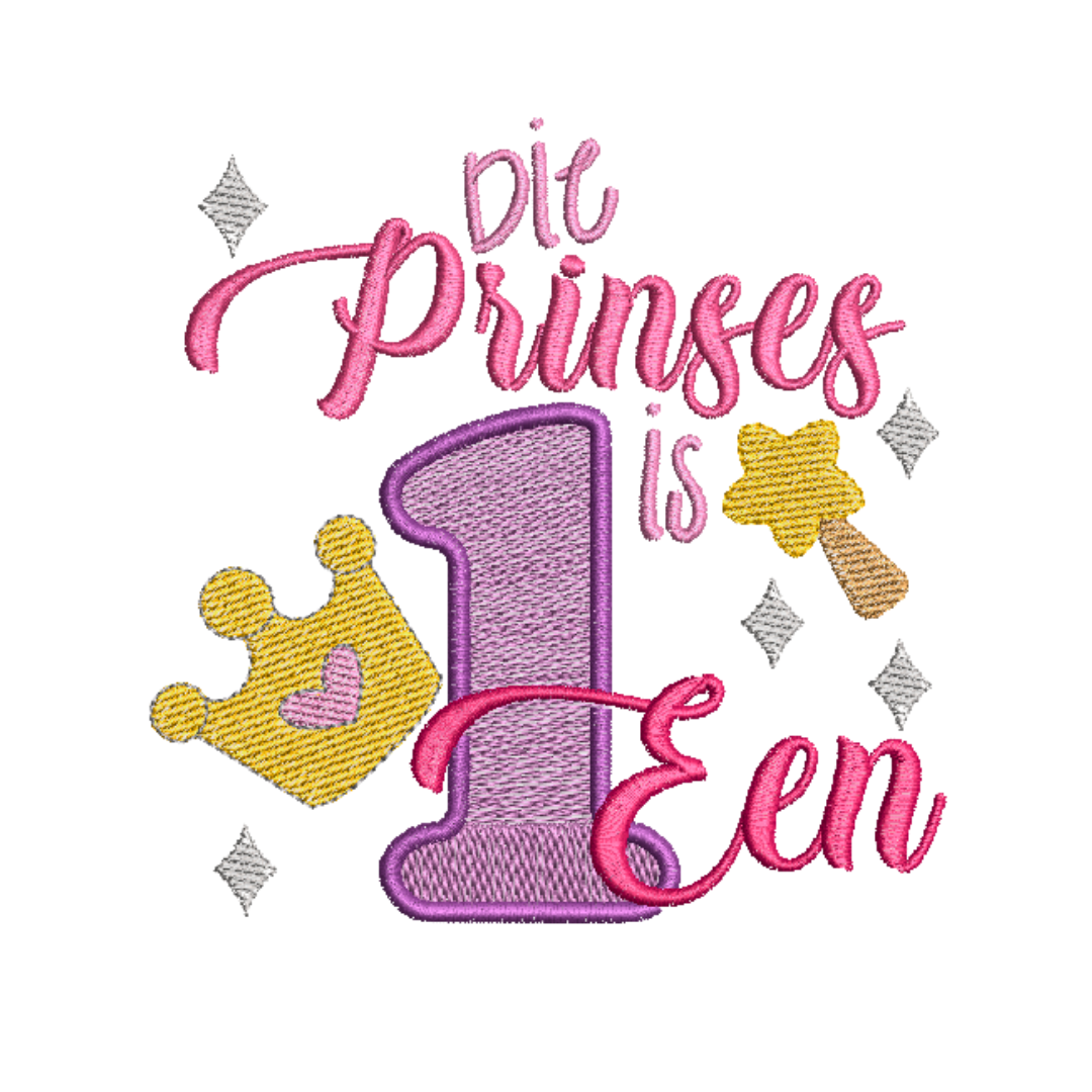 This is an image of a machine embroidery design by Stitches & Strokes featuring an Afrikaans Birthday Quote: "Die Prinses Is Een. This Afrikaans 1st birthday machine embroidery pattern is perfect for sprucing up your birthday princess's outfit.