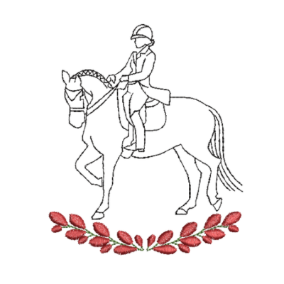 This is an image of an equestrian inspired machine embroidery design by Stitches & Strokes, featuring a Dressage Horse and Rider adorned with a green and red garland. This design is perfect for embroidery on t-shirts, accessories, tote bags, and more for horse lovers.