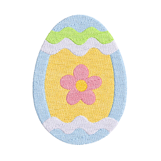 This is an image of an Easter egg in blue and yellow with a pink flower machine embroidery design.