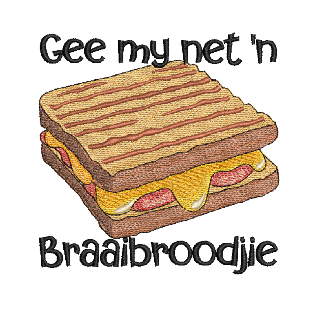 This is an image of a machine embroidery design by Stitches & Strokes, featuring a grilled cheese sandwich (in Afrikaans a "Braaibroodjie". This braaibroodjie machine embroidery design is perfect for embroidery as gifts for Father's Day on t-shirts, aprons, and braai accessories.
