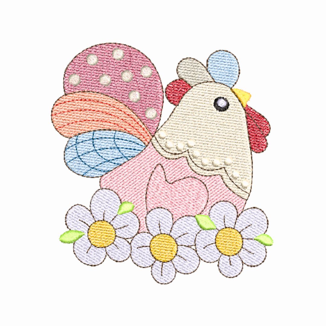 This is an image of a country inspired machine embroidery design by Stitches & Strokes, featuring a colorful hen laying on a nest made of flowers. This Chicken machine embroidery pattern is perfect for embroidery on kitchen items like aprons, dish towels, table runners, and oven mittens.