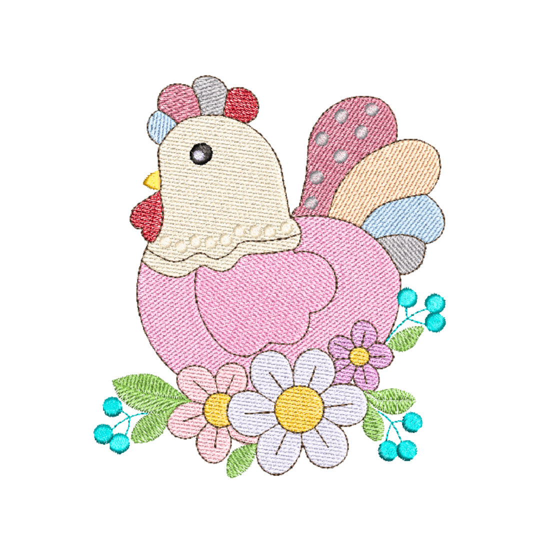 This is an image of a chicken inspired machine embroidery design by Stitches & Strokes, featuring a Hen sitting on a nest with colorful flowers. This Hen machine embroidery pattern is perfect for embroidery on kitchen items like Aprons, Table runners, Tea Towels, and Trivets.
