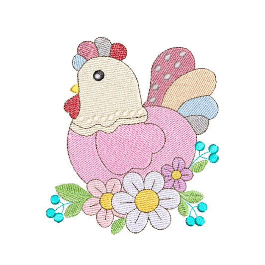This is an image of a chicken inspired machine embroidery design by Stitches & Strokes, featuring a Hen sitting on a nest with colorful flowers. This Hen machine embroidery pattern is perfect for embroidery on kitchen items like Aprons, Table runners, Tea Towels, and Trivets.