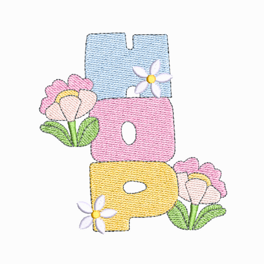 This is an image of a bunny inspired machine embroidery design by Stitches & Strokes, featuring the word "Hop". Use thid adorable hop quote embellished with flowers for your next Easter and Baby Bunny embroidery project.