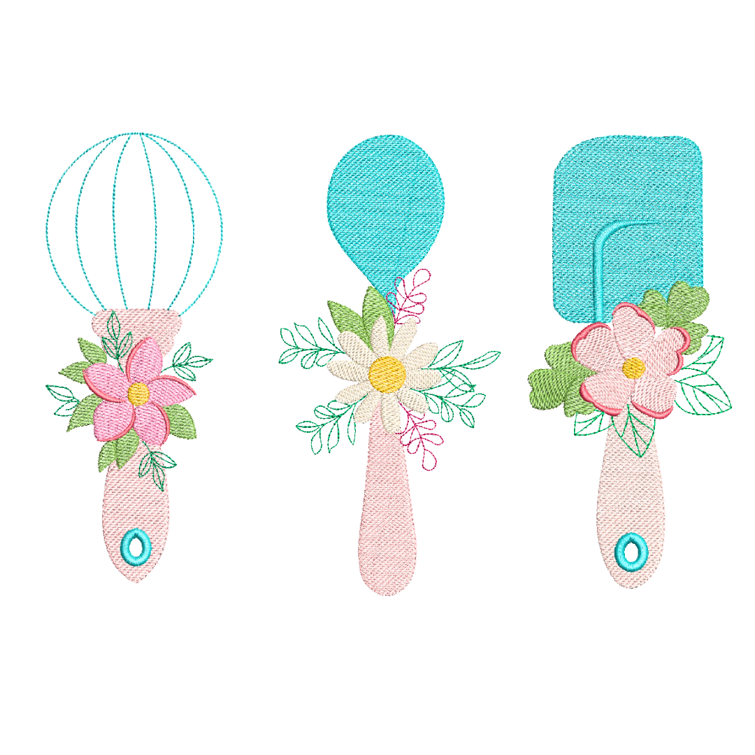 This is an image of a machine embroidery design bundle, consisting of 3 designs by Stitches & Strokes, featuring a Kitchen Whisk, Spoon, and Spatula. This Kitchen utensil machine embroidery pattern set is perfect for creating beautiful gifts like aprons, tea towels, and dish towels for a new bride's kitchen.