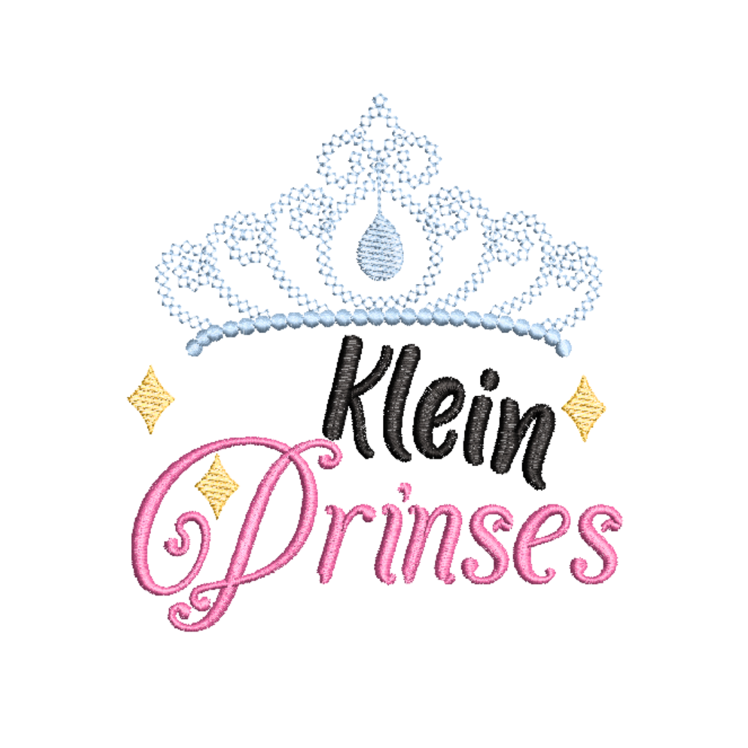 This is an image of a machine embroidery design by Stitches & Strokes featuring an Afrikaans Klein Prinses quote with a delicate crown. This Afrikaans Prinses machine embroidery pattern can be embroidered on baby onesies, baby burp cloths, and girls' t-shirts.