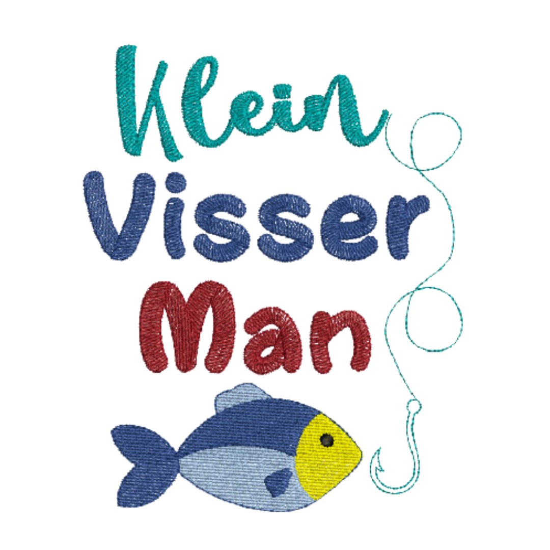 This is an image of a machine embroidery design featuring an Afrikaans Quote "Klein Visserman" for little boys and babies. This Afrikaans quote is embellished with a little colorful fish and a fishhook on a fishing line.