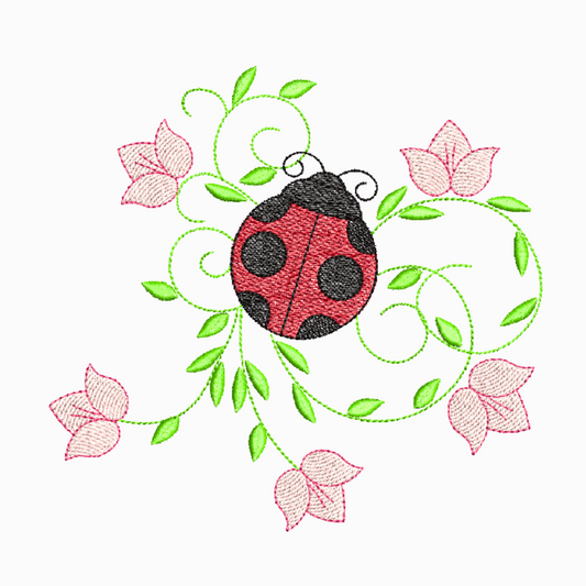 This is an image of a machine embroidery design by Stitches & Strokes, featuring a Ladybird with intricate flower filigree pattern. This ladybird machine embroidery pattern is available in 4 hoop sizes and perfect for embroidery on girl's dresses, tea towels, aprons, tote bags, and more.