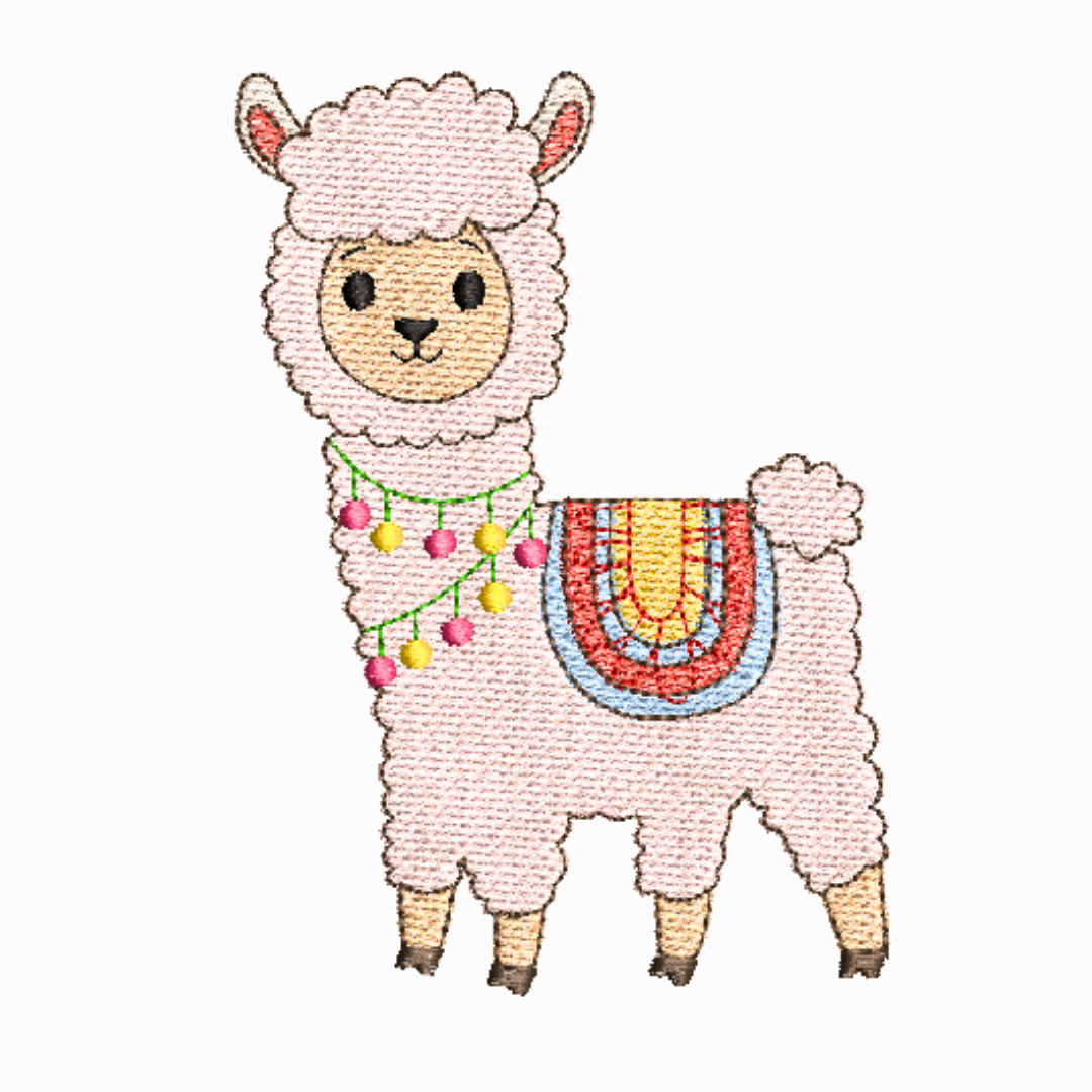 This is an image of a machine embroidery design by Stitches & Strokes, featuring an adorable baby Llama for embroidery on baby onesies, burp cloths, and blankets.