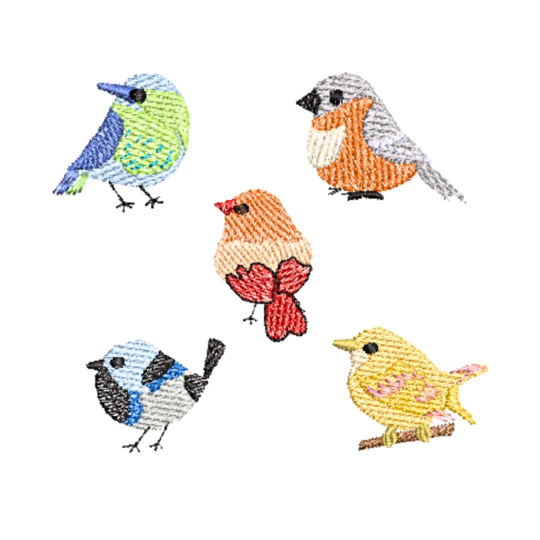 This is an image of a machine embroidery design set by Stitches & Strokes, featuring five miniature birds. This collection of five small birds can be embroidered on T-shirts, hoodies, tea towels, aprons, and more.