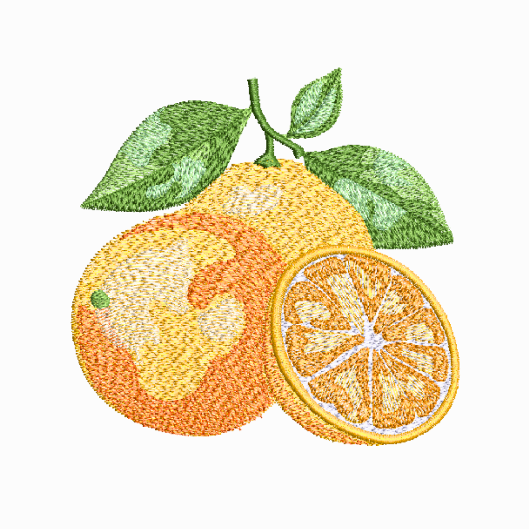 This is an image of a machine embroidery design (pattern) by Stitches & Strokes, featuring Oranges with green leaves. This Bright Orange  Machine Embroidery Pattern is perfect for embroidery on kitchen items like Aprons, Tea Towels, and Oven Mittens.