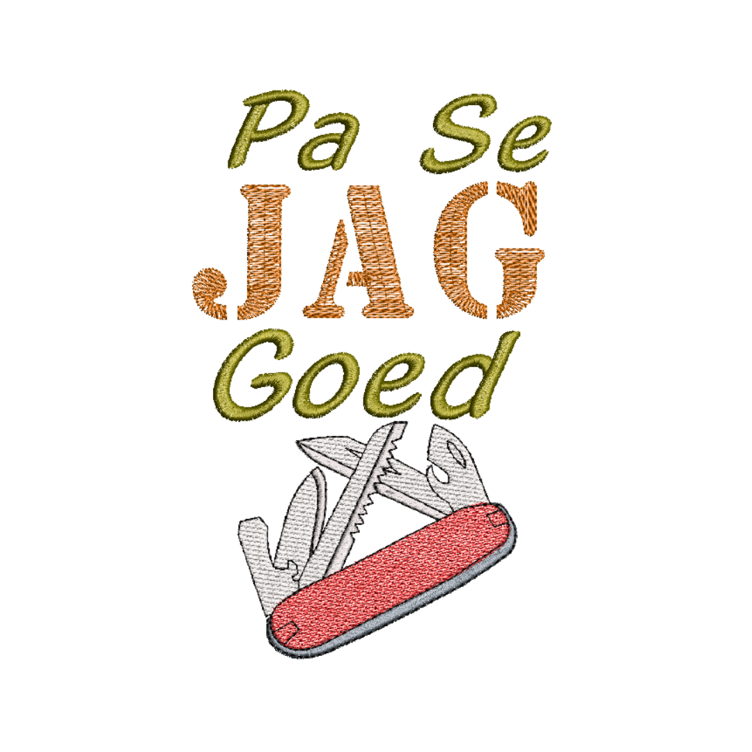 This is an image of a hunting-inspired machine embroidery design by Stitches & Strokes featuring an afrikaans quote: "Pa se Jag Goed", complete with a utility knife. This hunting machine embroidery design is perfect for Father's Day gifts. Spoil dad and embroider this design on his hunting gear for his next big trip.