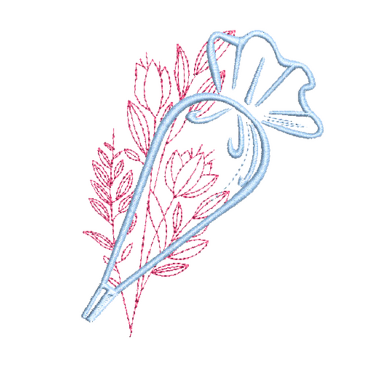 This is an image of a machine embroidery design by Stitches and Strokes, featuring a cake and cookie decorating themed piping bag in Satin stitches, with a flower motif in Running stitches. This Piping Bag Machine embroidery pattern is perfect for embroidery on aprons and kitchen décor for cake decorators.