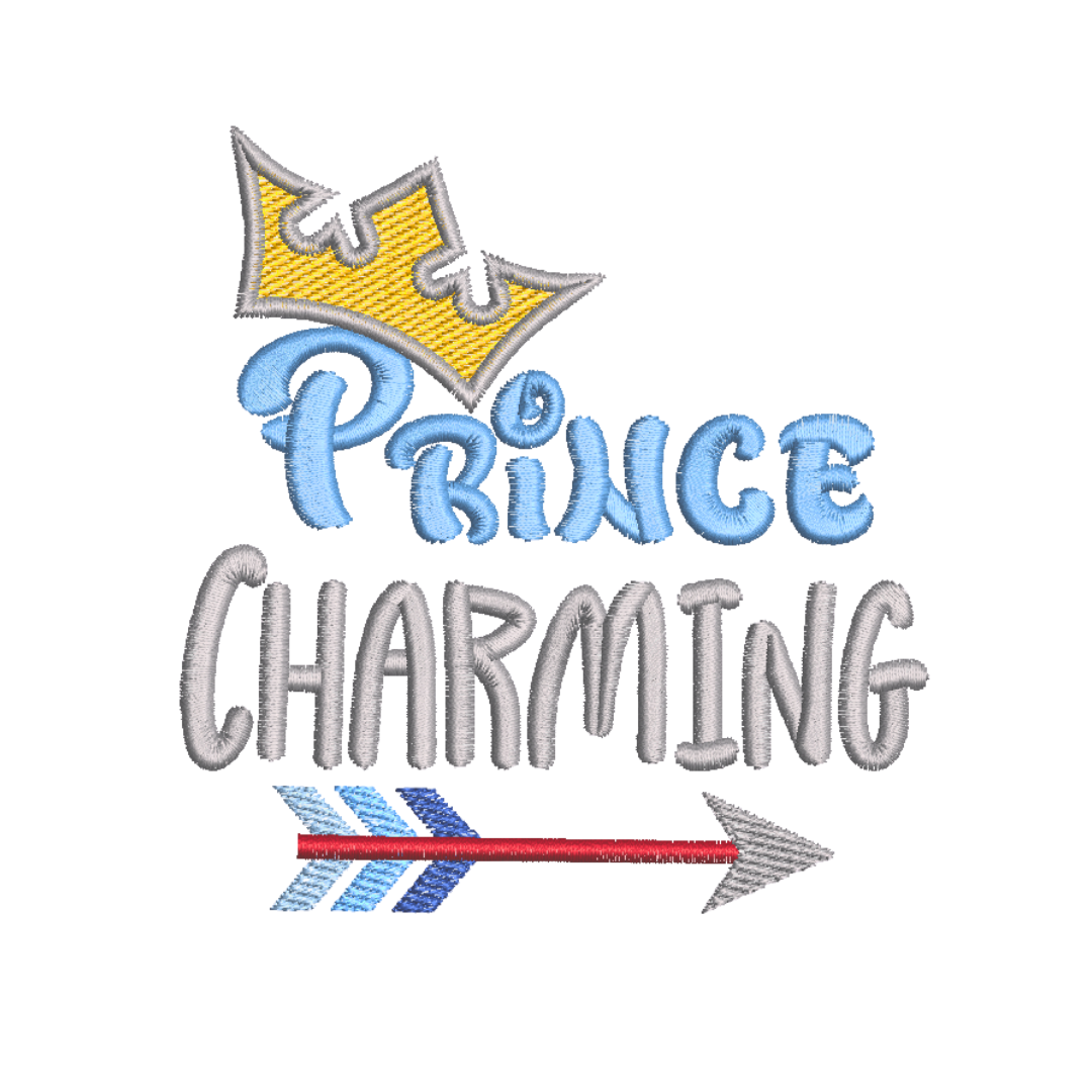 This is an image of a machine embroidery design by Stitches & Strokes featuring a "Prince Charming" quote with an adorabel crown. Embroider this cute prince charming machine embroidery pattern for baby boys on onesies and burp cloths. This prince inspired embroidery design will make the perfect baby shower gift.