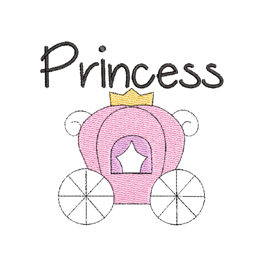 This is an image of a machine embroidery design by Stitches & Strokes, featuring the word Princess with a cute little carriage. This Princess Carriage machine embroidery pattern is perfect for embroidery on baby onesies, t-shirts, and burp cloths.
