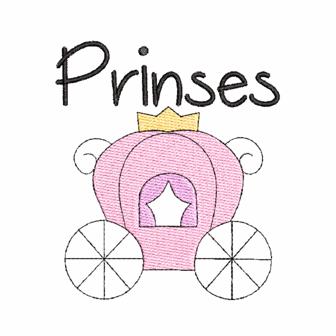 This is an image of a machine embroidery design by Stitches & Strokes, featuring the Afrikaans word Prinses with an adorable princess carriage. This Afrikaans Prinses machine embroidery pattern is perfect for embroidery on baby onesies, girs' t-shirts, and burp cloths.