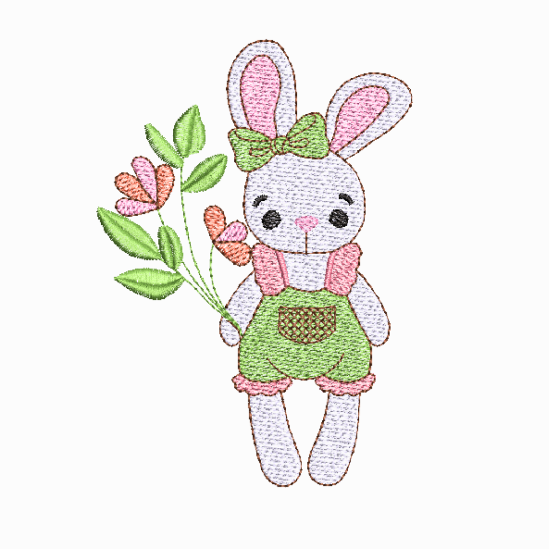 This is an image of a machine embroidery design by Stitches & Strokes, featuring a Ragdoll Bunny holding cute little flowers. This bunny machine embroidery design is perfect for embroidery on gifts for babies and toddler girls.