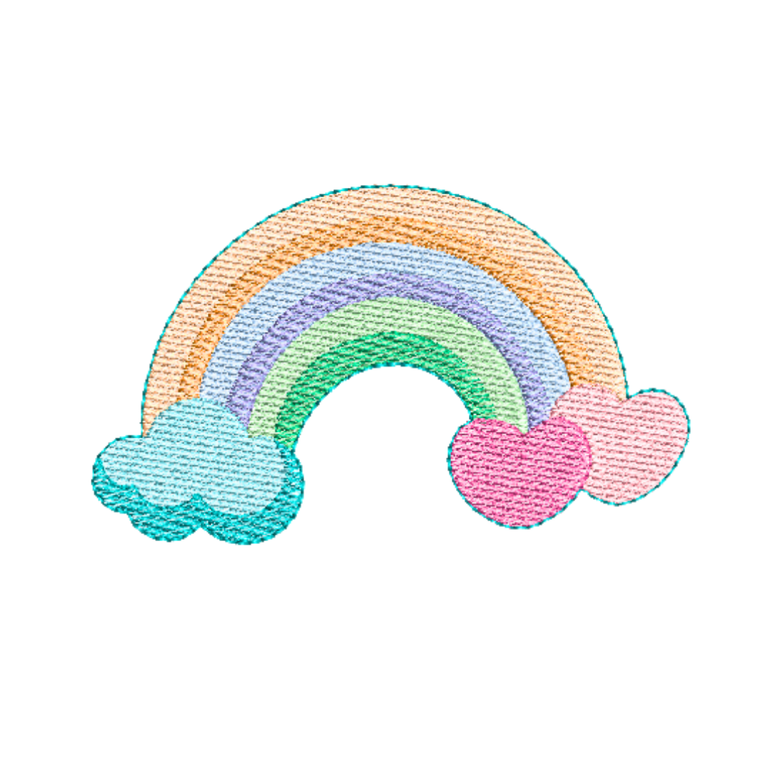 This is an image of a machine embroidery design featuring a rainbow with a cloud and two hearts.