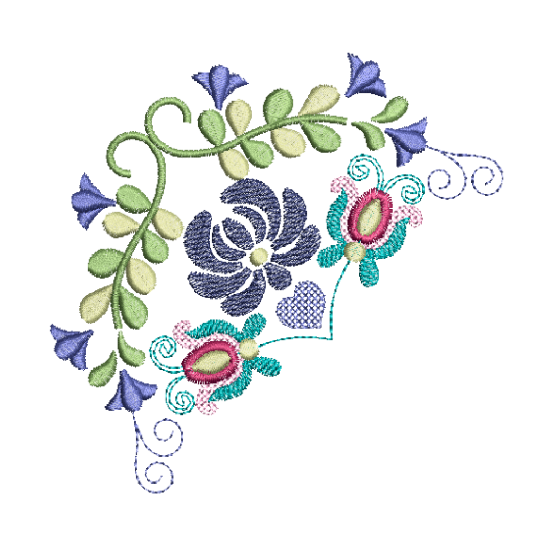 This is an image of a machine embroidery design by Stitches & Strokes featuring a delicate Scandinavian Flower corner design. This Nordic inspired flower machine embroidery pattern is perfect for embroidery on kitchen item like tea towels, table runners, and more.