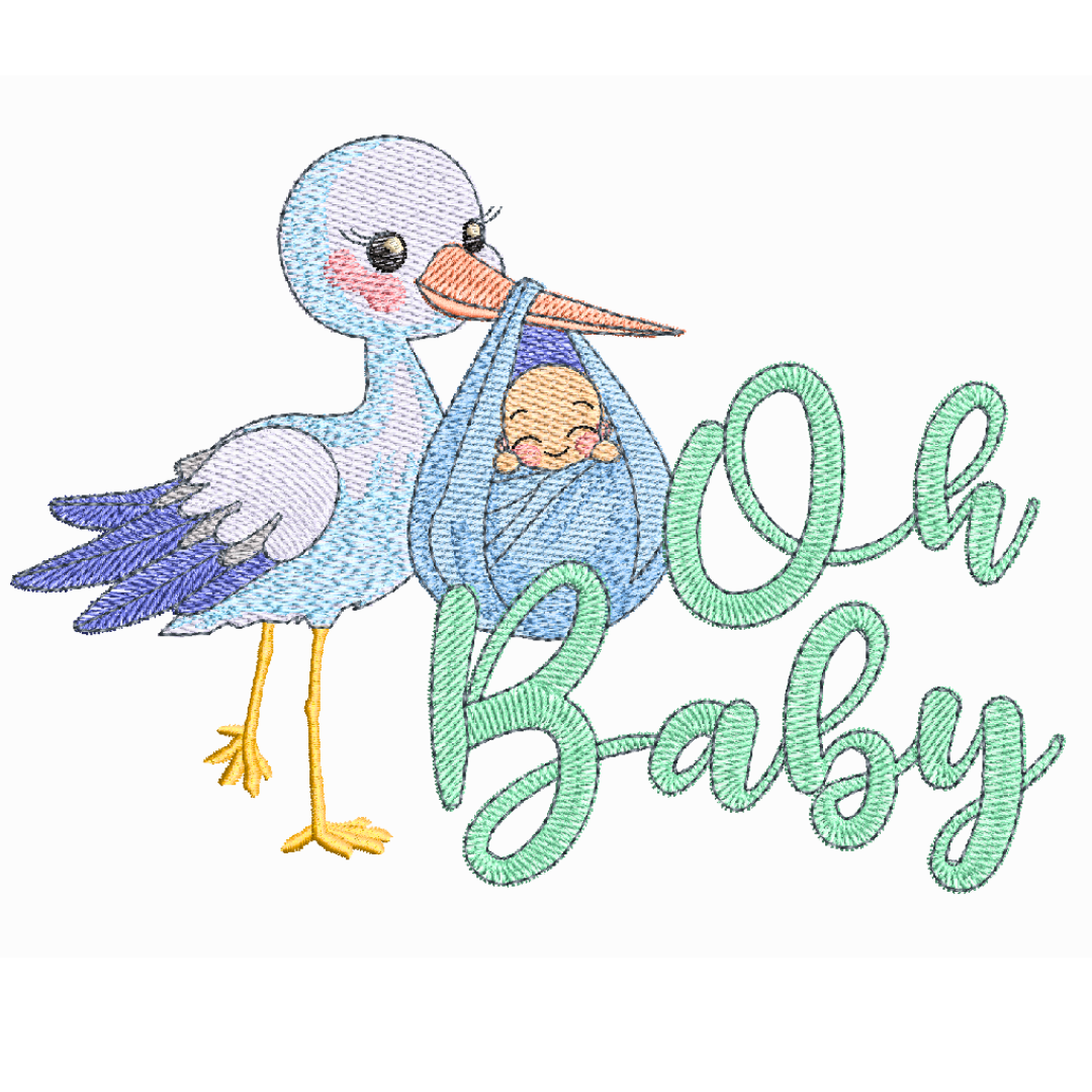 This is an image off a machine embroidery design (pattern) by Stitches & Strokes, featuring a Stork carrying a Baby and the quote "Oh Baby". This large machine embroidery design is ideal for baby shower gifts like blankets, crib bedding, travel bags, and other baby accessories.