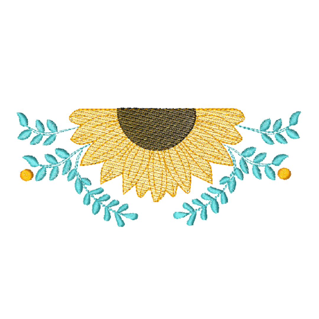 This is an image of a machine embroidery design by Stitches & Strokes, featuring a Sunflower Half Monogram. This Sunflower embroidery pattern is perfect for adding a little floral detail to t-shirts, hoodies, totes, travel bags, aprons, and more.