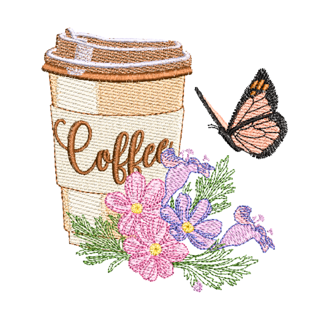 This is an image of a machine embroidery design by Stitches & Strokes, featuring a Takeaway Coffee cup with simple cosmos flowers, and a delicate butterfly. This coffee machine embroidery pattern is perfect for embroidery on bridal shower gifts for the kitchen like mug rugs and aprons.