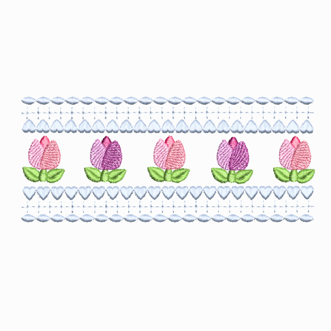 This is an image of a floral inspired machine embroidery design by Stitches & Strokes, featuring a beautiful brightly colored row of tulips in bloom with a delicate lace border. The Tulip Border Machine Embroidery Pattern is perfect for embroidery on Kitchen items like Tea- and Dish Towels, Aprons, and Table Runners.