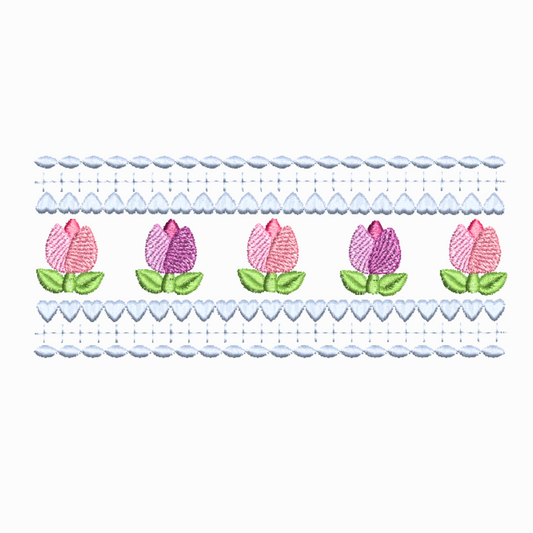This is an image of a floral inspired machine embroidery design by Stitches & Strokes, featuring a beautiful brightly colored row of tulips in bloom with a delicate lace border. The Tulip Border Machine Embroidery Pattern is perfect for embroidery on Kitchen items like Tea- and Dish Towels, Aprons, and Table Runners.